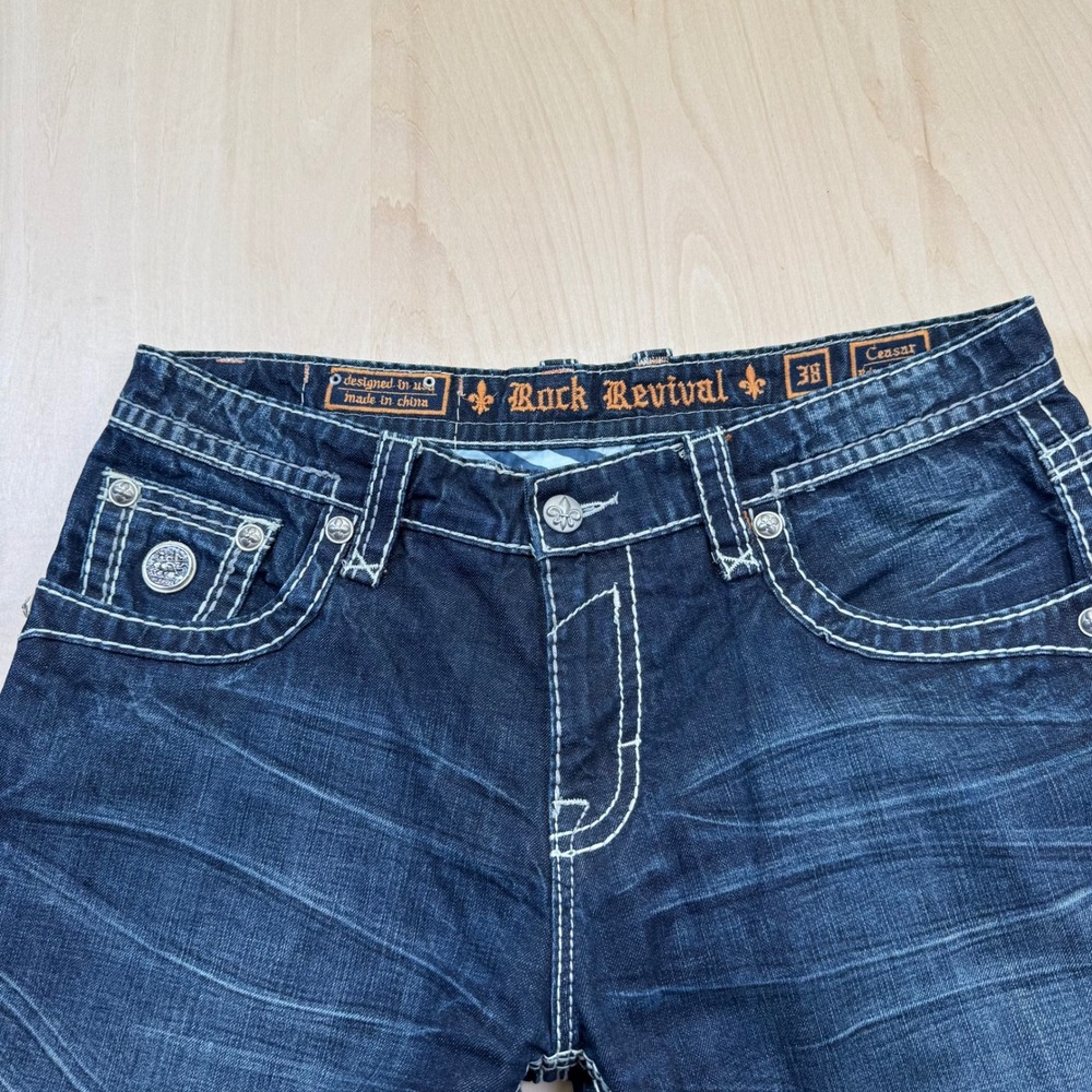Rock Revival Mens Caesar Relaxed Straight Dark Wash Jeans Size 38 - Picture 5 of 12